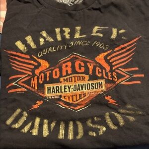 Harley-Davidson Black Tee with Orange and Gold Graphics